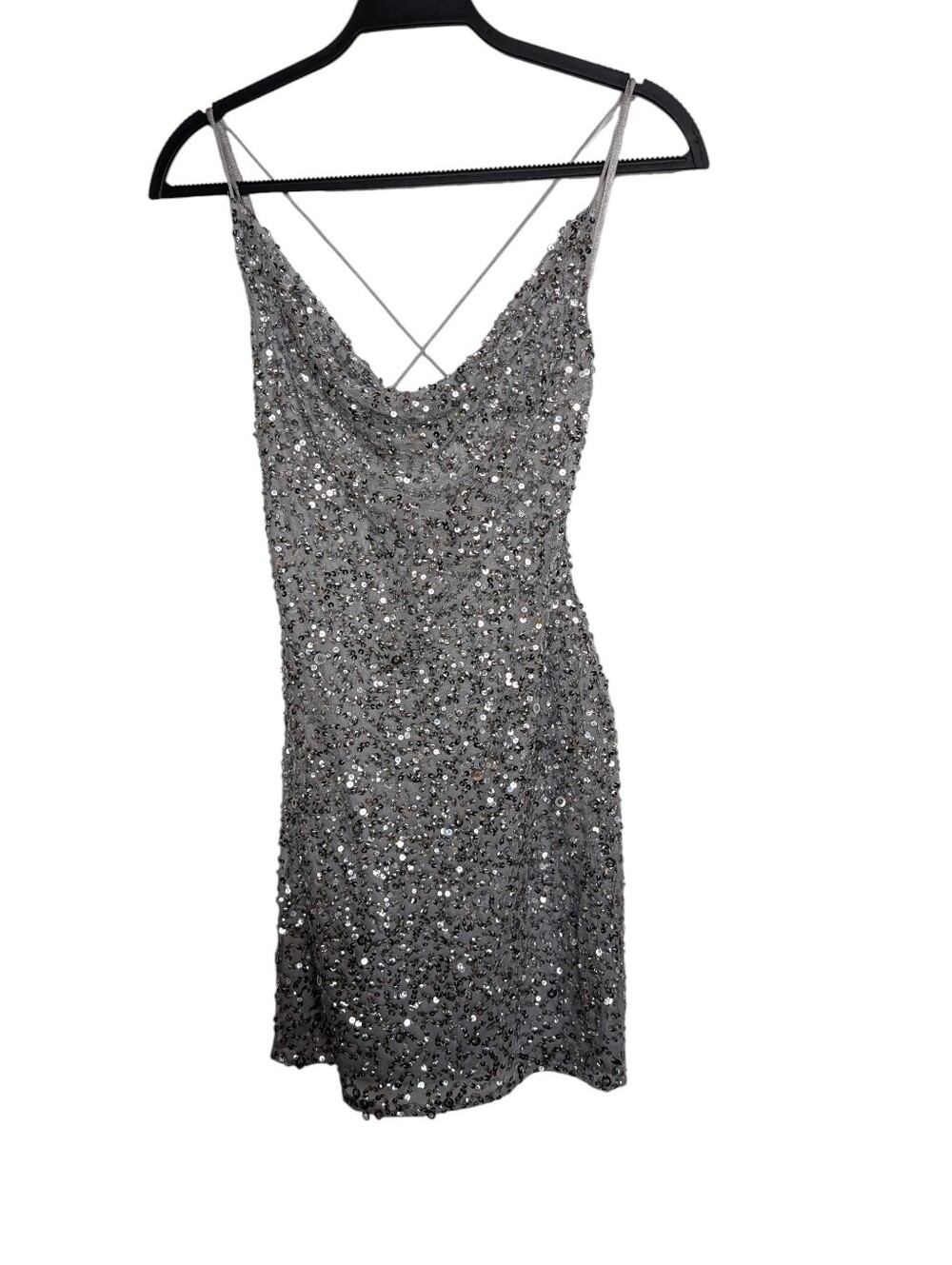 Adrianna Papell Silver Sequin Spaghetti Strap Cross Back Party Mini Dress Size 2